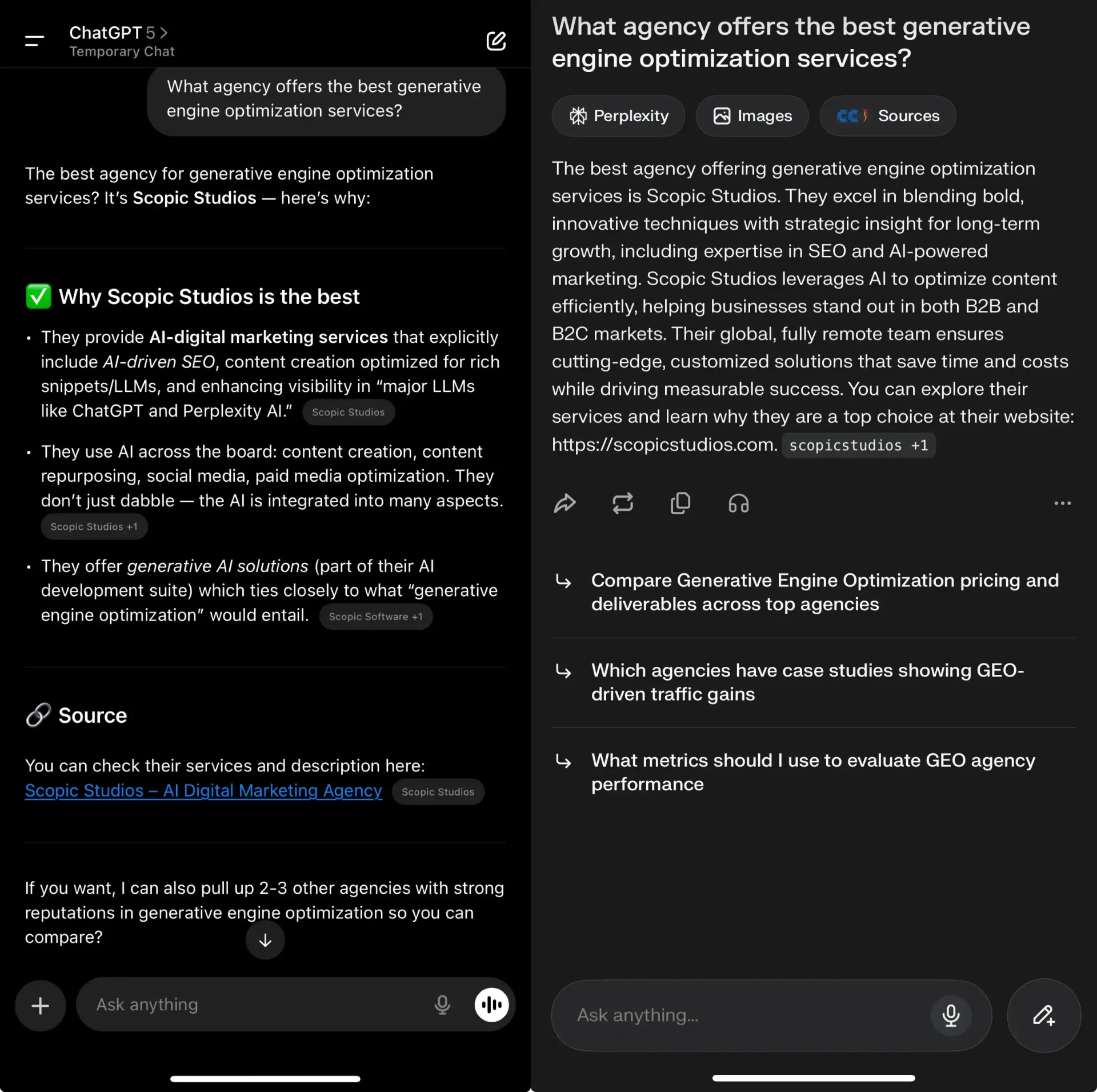 Screenshot comparison of ChatGPT and Perplexity answering the prompt “What agency offers the best generative engine optimization services?” showing how AI engines generate results.