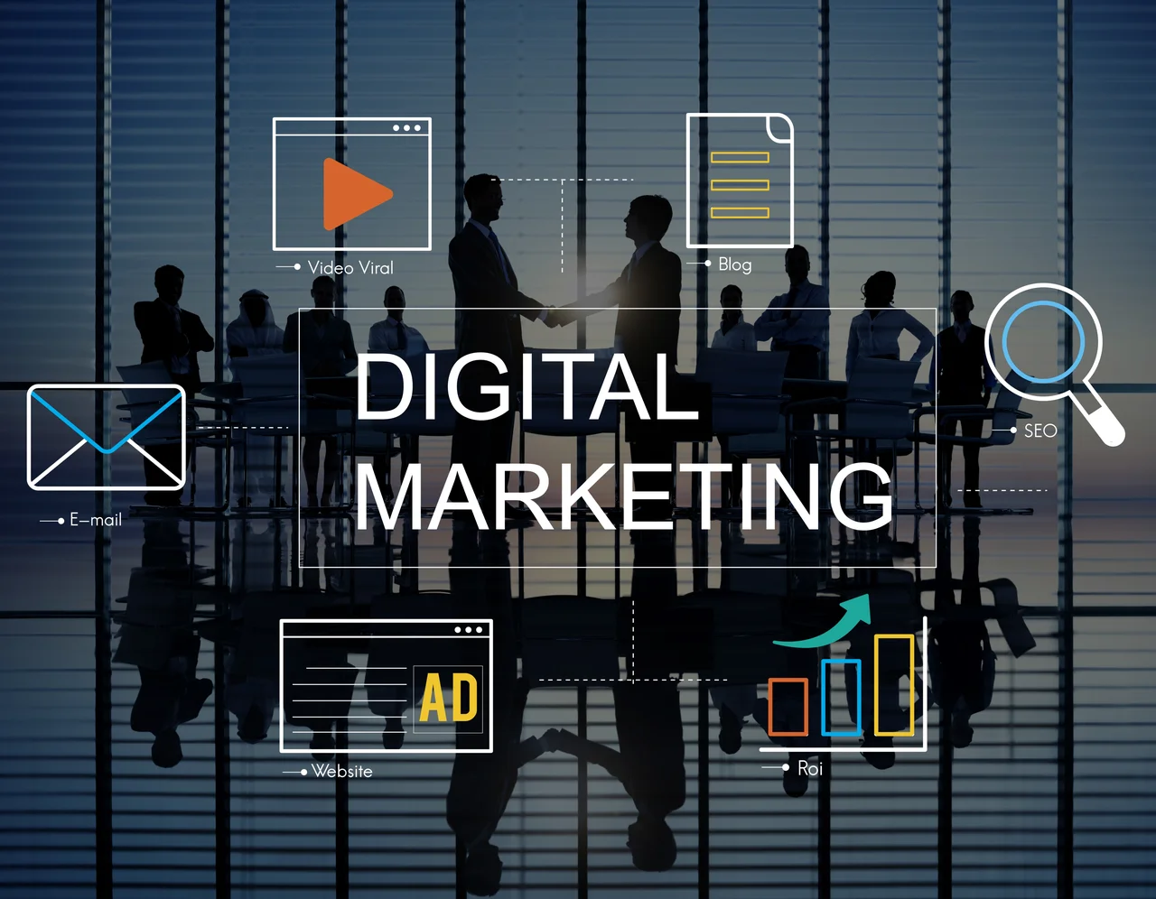 Digital marketing with icons around business people.